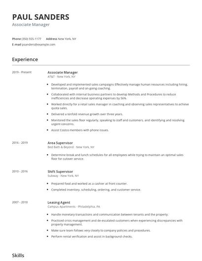 Associate Manager Resume