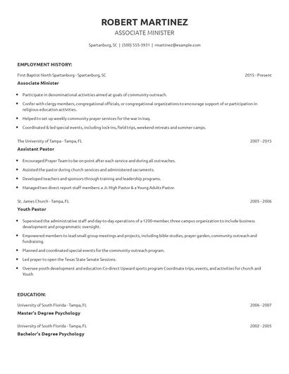 Associate Minister Resume