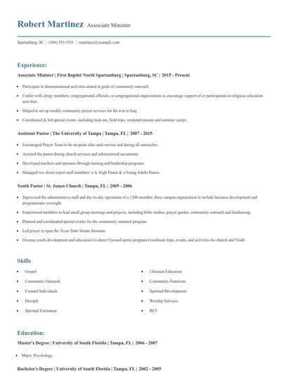 Associate Minister Resume