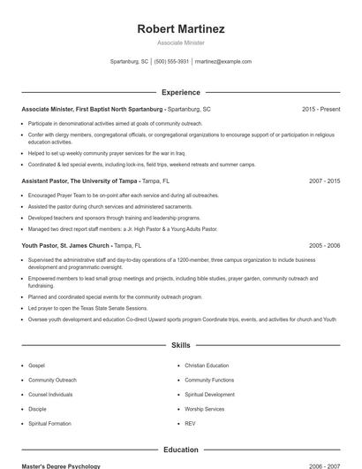 Associate Minister Resume