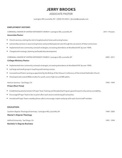 Associate Pastor Resume