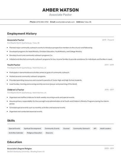 Associate Pastor Resume