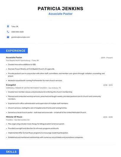 Associate Pastor Resume
