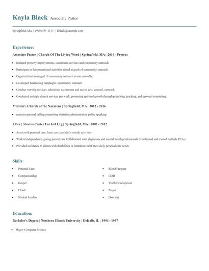 Associate Pastor Resume