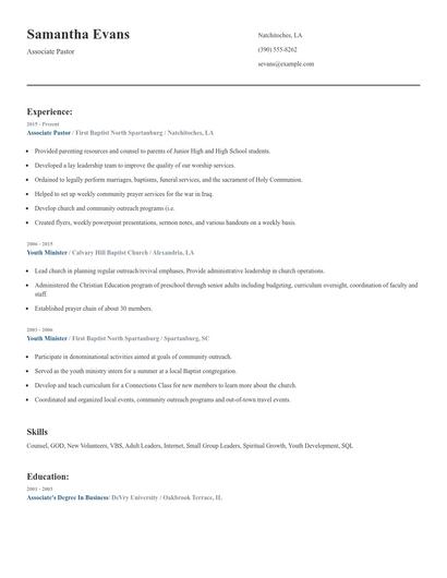 Associate Pastor Resume