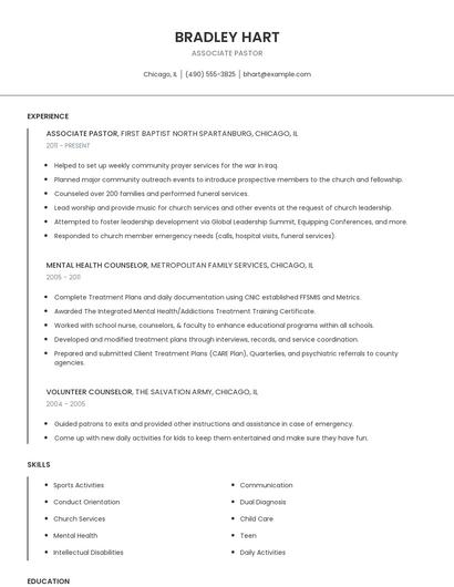 Associate Pastor Resume