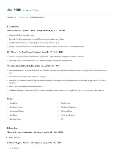 Associate Planner Resume