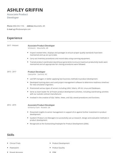 Associate Product Developer Resume