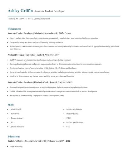Associate Product Developer Resume