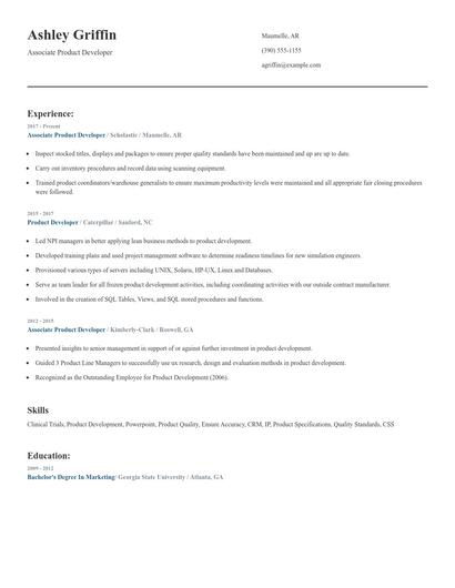 Associate Product Developer Resume