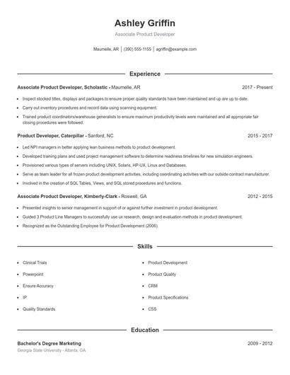 Associate Product Developer Resume