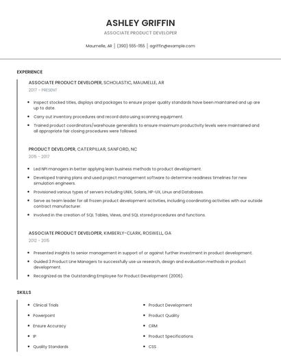 Associate Product Developer Resume