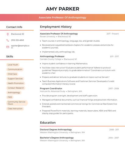 Associate Professor Of Anthropology Resume