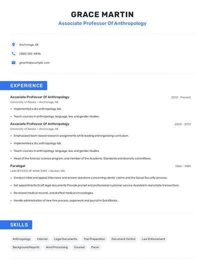 Associate Professor Of Anthropology Resume