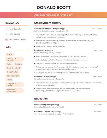 Associate Professor Of Psychology Resume