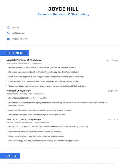 Associate Professor Of Psychology Resume