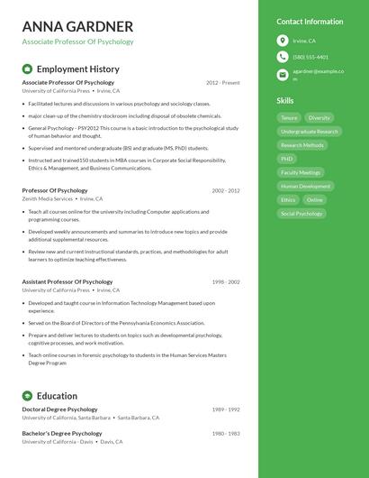 Associate Professor Of Psychology Resume