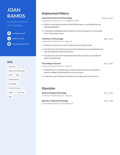 Associate Professor Of Psychology Resume