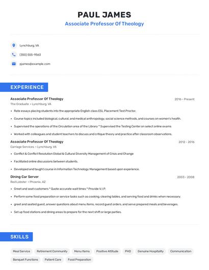 Associate Professor Of Theology Resume