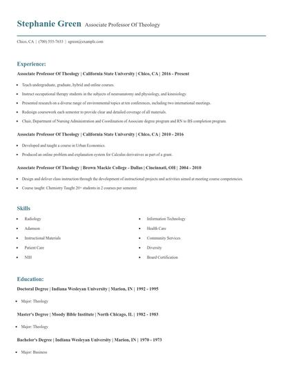 Associate Professor Of Theology Resume