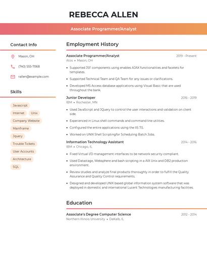 Associate Programmer/Analyst Resume