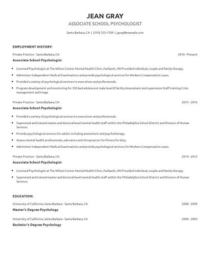 Associate School Psychologist Resume