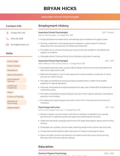 Associate School Psychologist Resume