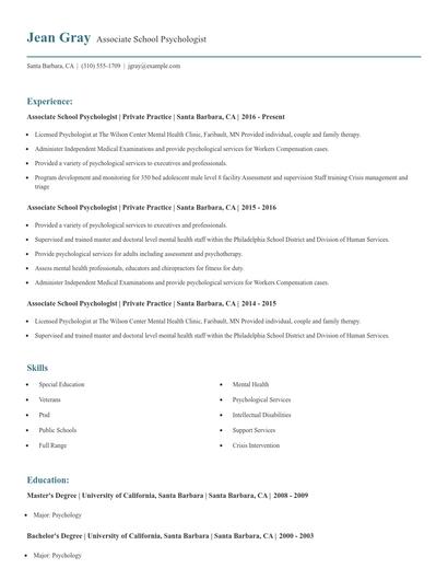 Associate School Psychologist Resume