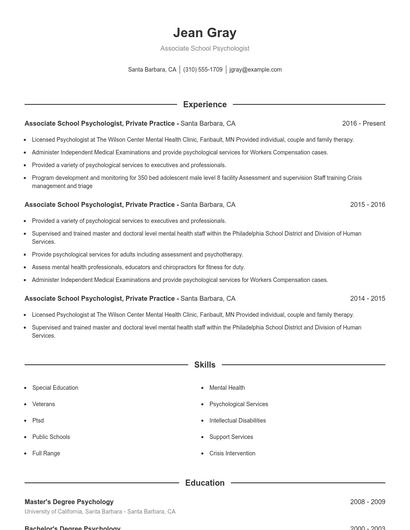 Associate School Psychologist Resume
