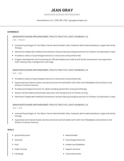 Associate School Psychologist Resume