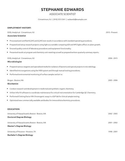 Associate Scientist Resume