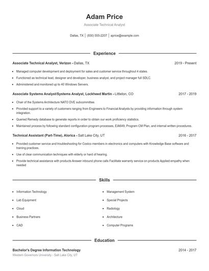 Associate Technical Analyst Resume