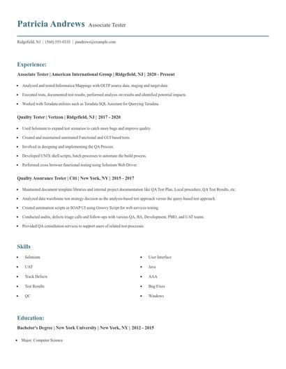 Associate Tester Resume