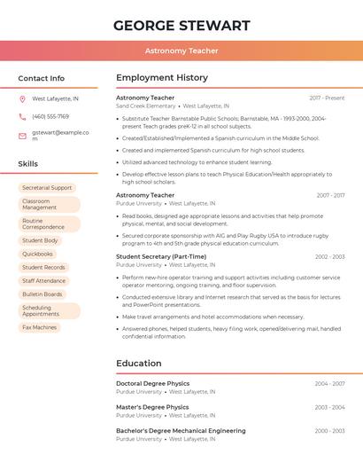 Astronomy Teacher Resume