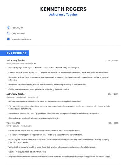 Astronomy Teacher Resume