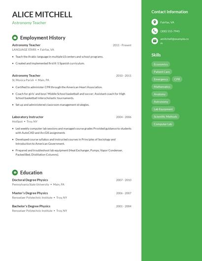 Astronomy Teacher Resume