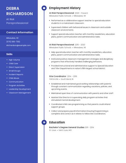 At Risk Paraprofessional Resume
