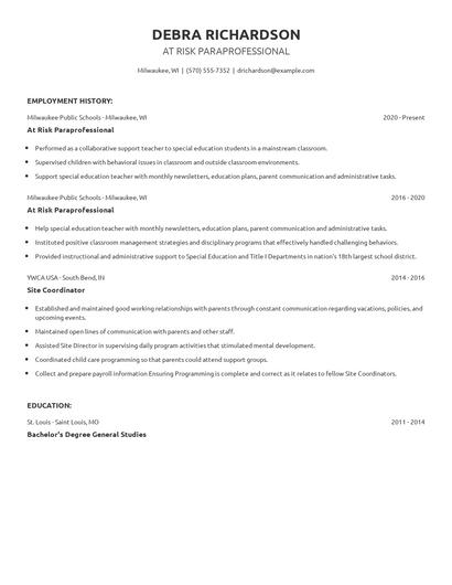 At Risk Paraprofessional Resume