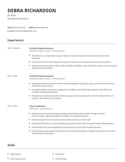 At Risk Paraprofessional Resume