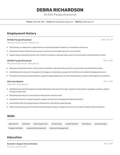 At Risk Paraprofessional Resume