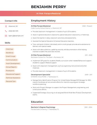 At Risk Paraprofessional Resume