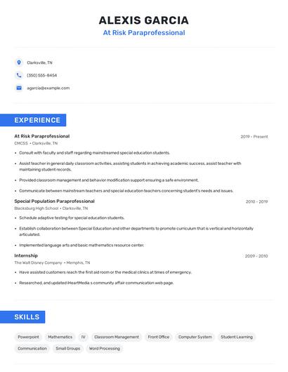 At Risk Paraprofessional Resume