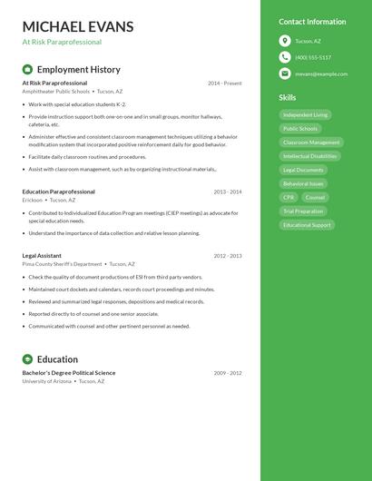 At Risk Paraprofessional Resume