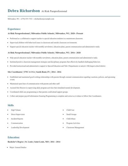 At Risk Paraprofessional Resume