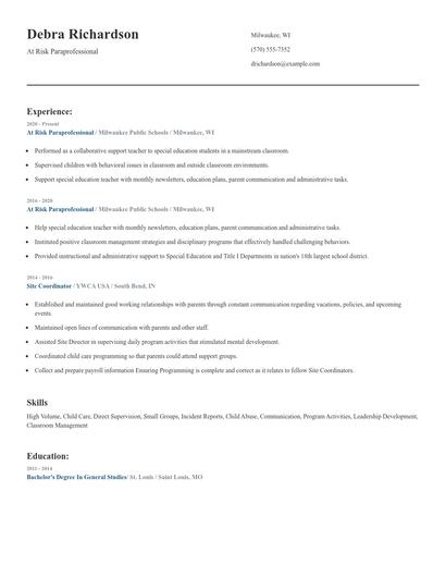 At Risk Paraprofessional Resume