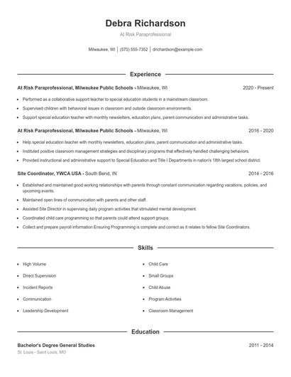 At Risk Paraprofessional Resume