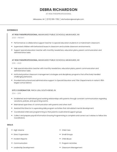 At Risk Paraprofessional Resume
