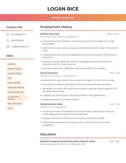 Athletic Instructor Resume