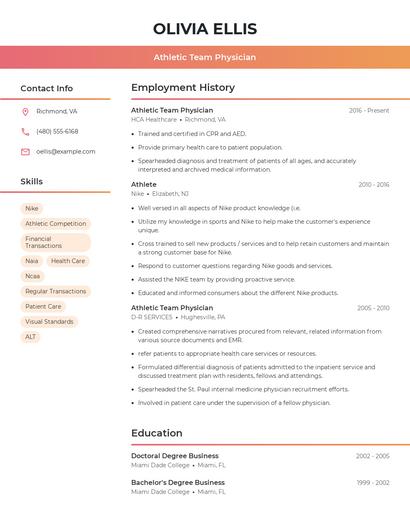 Athletic Team Physician Resume