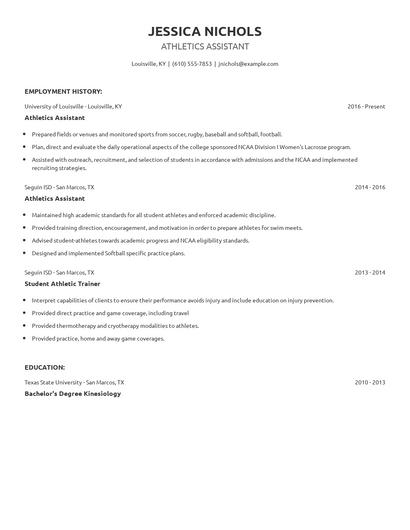 Athletics Assistant Resume